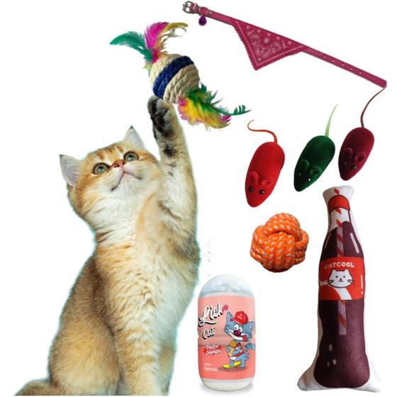 Imagem de Kit com 6 brinquedos divertidos para gatos + petisco cremoso