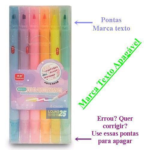 Imagem de Kit Com 6 Cores Marca Texto Pontas Dupla Escreve E Apaga HD24