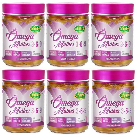 Kit com 6 Ômegas 3 Mulher 369 60 Cápsulas 1450mg Unilife Original