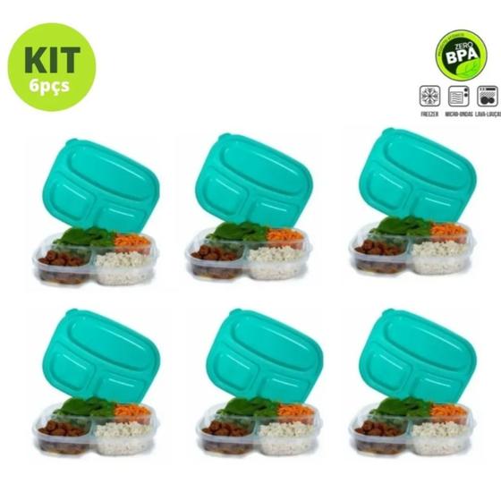 Imagem de Kit Com 6 Potes Marmitas Fitness Marmitex de Plástico Para Uso no Microondas Freezer Com Divisórias