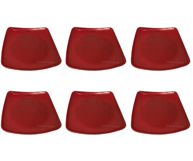 Imagem de Kit Com 6 Pratos Rasos 21,5cm Melamina Vermelho Quadrado Refeição Lanche