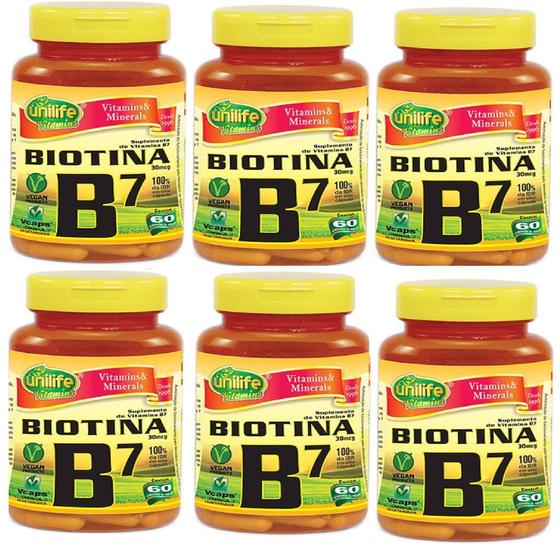 Imagem de Kit com 6 Vitaminas B7 Biotina 500mg 60 cápsulas Unilife Original