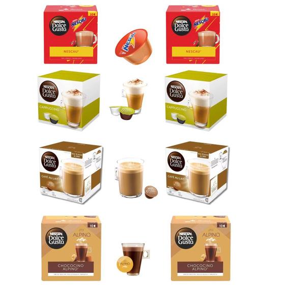 Kit com 8 Caixas Capsulas Café Dolce Gusto Cappuccino + Nescau + Alpino + Au Lait Dolce Gusto 10 Unidades Menor preço em Kit com 8 Caixas Capsulas Café Dolce Gusto Cappuccino + Nescau + Alpino + Au Lait Dolce Gusto 10 Unidades