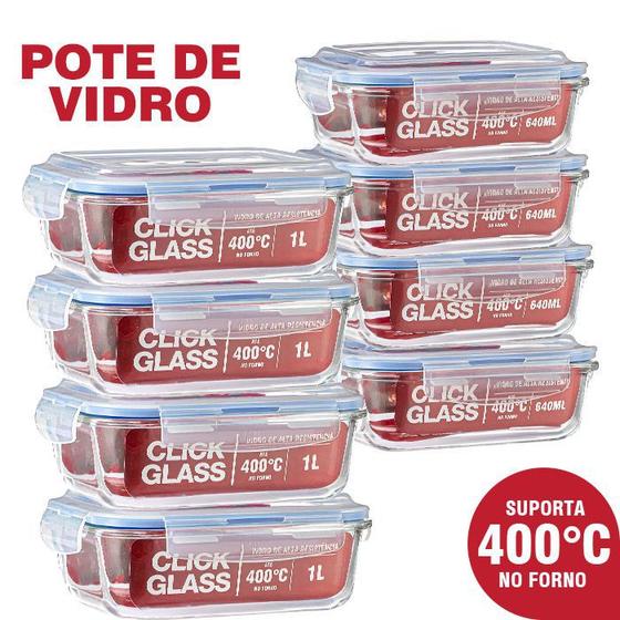 Imagem de Kit com 8 potes de vidro click glass premium 100% herméticos