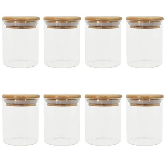 Imagem de Kit com 8 Potes de Vidro Porta Mantimento Hermético com Tampa de Bambu 200ml