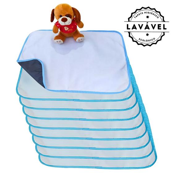 Imagem de Kit com 9 Fraldas de Câes p/Chão 70x50 Branco com borda Azul 200 Lavagens - Alta Absorção