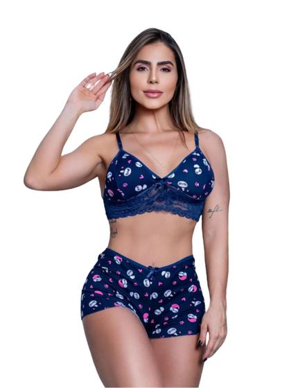 Imagem de kit com até 3 Short Doll Lara Estampado Romantic Com Detalhe em Renda Sem Bojo