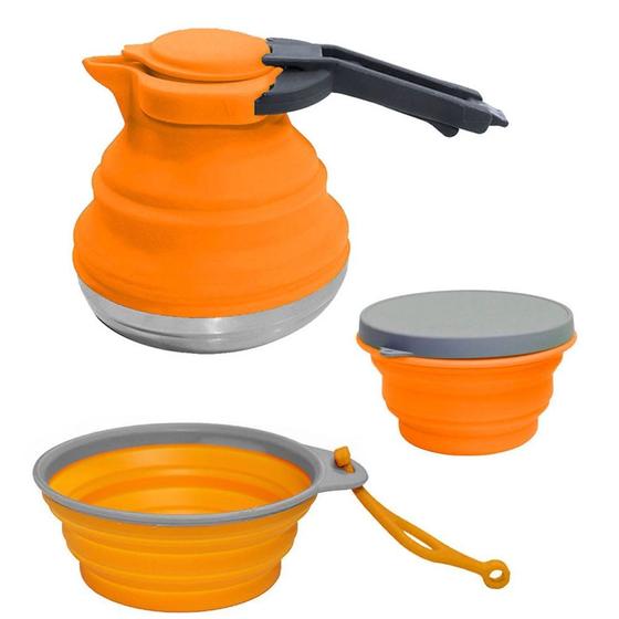 Kit com Chaleira + Copo + Pote Dobravel em Silicone para Camping Azteq Menor preço em Kit com Chaleira + Copo + Pote Dobravel em Silicone para Camping Azteq