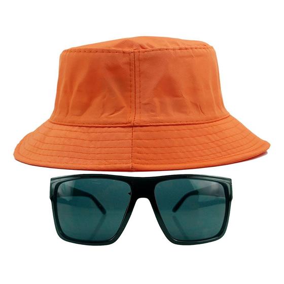 Imagem de Kit Com Chapéu Bucket Hat, Óculos de Sol Retangular Com Proteção Uv400 Masculino Espelhado Armação Fosca Preto MD-40