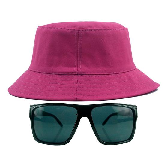 Imagem de Kit Com Chapéu Bucket Hat, Óculos de Sol Retangular Com Proteção Uv400 Masculino Espelhado Armação Fosca Preto MD-40