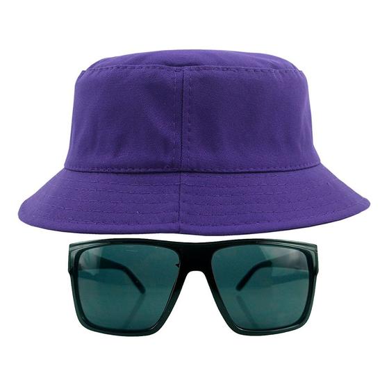 Imagem de Kit Com Chapéu Bucket Hat, Óculos de Sol Retangular Com Proteção Uv400 Masculino Espelhado Armação Fosca Preto MD-40