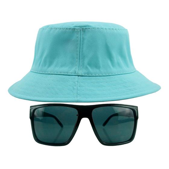 Imagem de Kit Com Chapéu Bucket Hat, Óculos de Sol Retangular Com Proteção Uv400 Masculino Espelhado Armação Fosca Preto MD-40