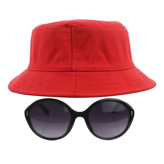 Imagem de Kit Com Chapéu Bucket Hat, Óculos Redondo De Sol Feminino Adulto Com Proteção UV 400 Estiloso Sol Meia Estação - MD-27