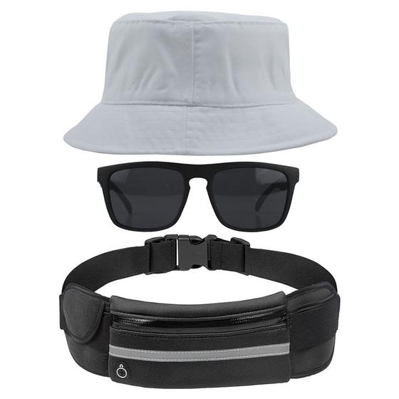 Imagem de Kit Com Chapéu Bucket Hat, Pochete Ajustável Impermeável Saída Para Fone E Oculos De Sol