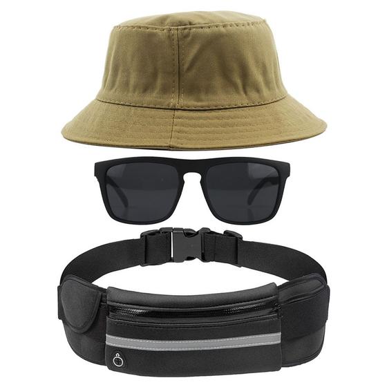 Imagem de Kit Com Chapéu Bucket Hat, Pochete Ajustável Impermeável Saída Para Fone E Oculos De Sol
