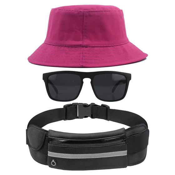 Imagem de Kit Com Chapéu Bucket Hat, Pochete Ajustável Impermeável Saída Para Fone E Oculos De Sol