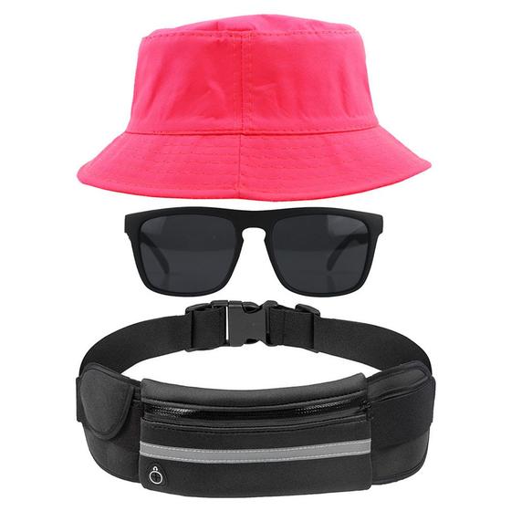 Imagem de Kit Com Chapéu Bucket Hat, Pochete Ajustável Impermeável Saída Para Fone E Oculos De Sol