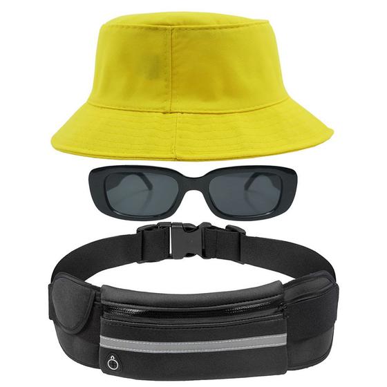 Imagem de Kit Com Chapéu Bucket Hat, Pochete Ajustável Saída Para Fone E Oculos De Sol Vintage Com Armação Quadrado Proteção MD-06