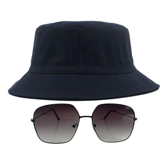 Imagem de Kit Com Chapéu Bucket, Óculos de Sol Geométrico Com Armação Metálica Com Proteção Uv400 Lente Degrade, Estiloso - MD-42