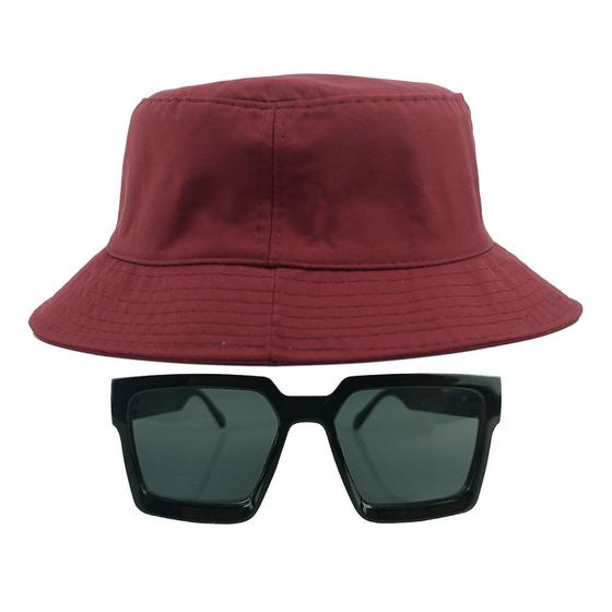 Imagem de Kit Com Chapéu Bucket, Óculos de Sol Geométrico Com Armação Quadrada Com Proteção Solar Uv400 Lente Escura Fashion MD-43