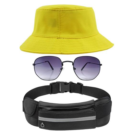 Imagem de Kit Com Chapéu Bucket, Óculos De Sol Hexagonal Masculino E Feminino Com Proteção Uv400 E Pochete Esporte Compacto MD-04