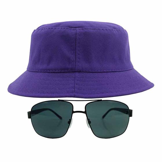 Imagem de Kit Com Chapéu Bucket, Óculos de Sol Piloto Quadrado Com Armação de Metal Masculino Com Proteção Uv400 Clássico MD-22