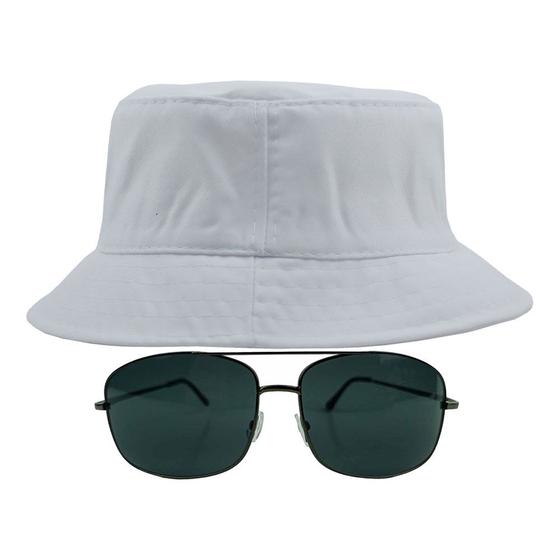Imagem de Kit Com Chapéu Bucket Óculos de Sol Piloto Quadrado Com Armação Metálica Proteção Uv400 Estiloso Clássico Feminino MD-23