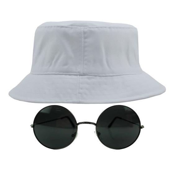 Imagem de Kit Com Chapéu Bucket, Óculos de Sol Redondo Lente Escura Com Armação Metálica Com Proteção Uv400, Estiloso Rock MD-26