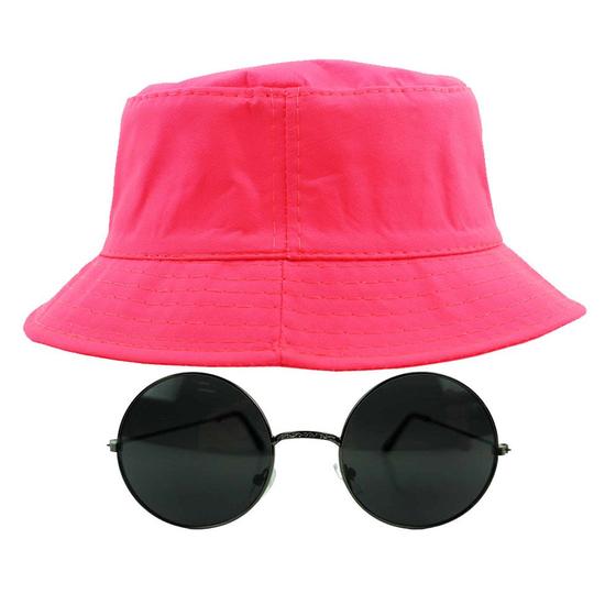 Imagem de Kit Com Chapéu Bucket, Óculos de Sol Redondo Lente Escura Com Armação Metálica Com Proteção Uv400, Estiloso Rock MD-26