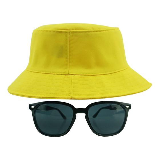 Imagem de Kit Com Chapéu Bucket, Óculos de Sol Retangular Com Proteção Uv400 Feminino E Masculino Espelhado Clubmaster MD-39
