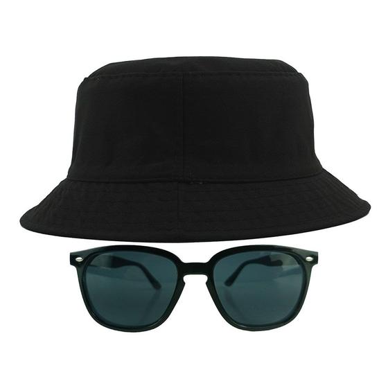 Imagem de Kit Com Chapéu Bucket, Óculos de Sol Retangular Com Proteção Uv400 Feminino E Masculino Espelhado Clubmaster MD-39