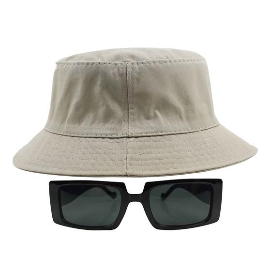 Imagem de Kit Com Chapéu Bucket, Óculos de Sol Retangular Estreito Com Armação Grossa Geométrica Com Proteção Uv400 Fashion MD-32