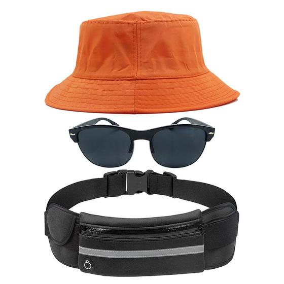Imagem de Kit Com Chapéu Bucket, Pochete Ajustável Impermeável Saída Para Fone E Oculos De Sol Óculos De Sol Armação Oval MD-13