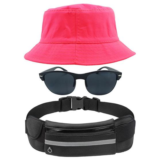 Imagem de Kit Com Chapéu Bucket, Pochete Ajustável Impermeável Saída Para Fone E Oculos De Sol Óculos De Sol Armação Oval MD-13