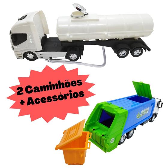 Imagem de Kit Com Dois Caminhões Em Miniatura - 1 Coletor De Lixo + 1 Tanque Brinquedo Infantil