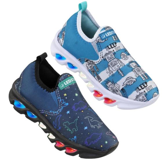 Imagem de Kit com dois pares de tenis de led ledstar masculino Dinos e Robô com luz luzinhas meninos