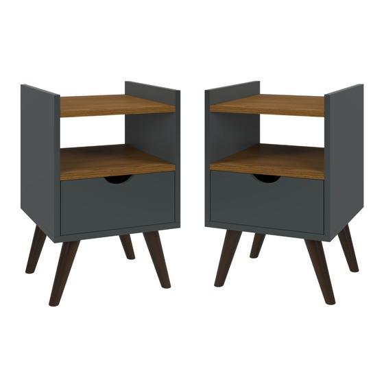 Imagem de Kit Com Duas Mesas De Cabeceira Quarto Retrô Com Nicho e 1 Gaveta Classic Decor Cinza Com Freijó G2 Plus