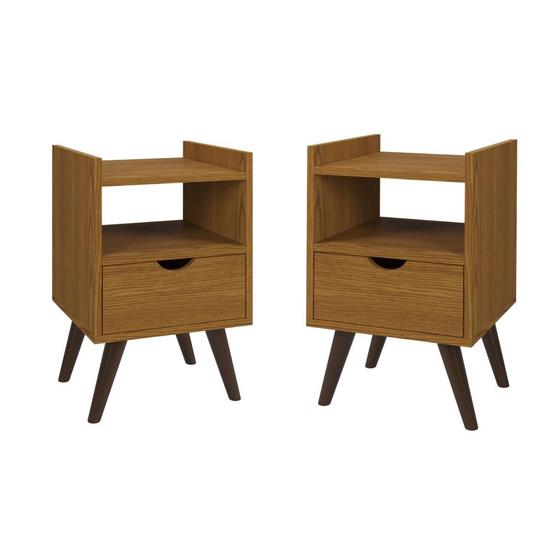 Imagem de Kit Com Duas Mesas De Cabeceira Quarto Retrô Com Nicho e 1 Gaveta Classic Decor Freijó G2 Plus