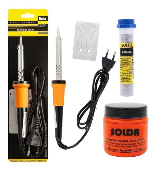 Imagem de Kit com ferro de soldar EDA, estanho e pasta 60W 127V
