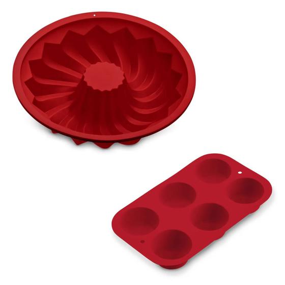 Imagem de Kit com Formas Silicones Multiuso Antiaderente Vazada de Pudim e Cupcacke 6 Cavidades Fácil De Limpar
