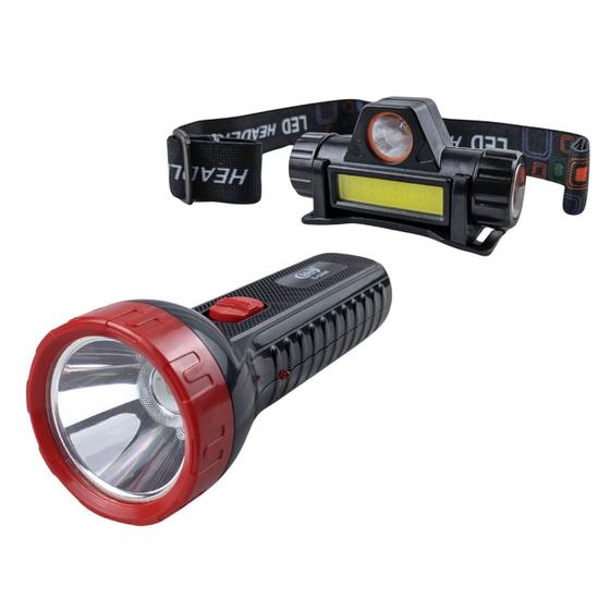 Imagem de Kit com Lanterna de Cabeca Led Bivolt Automatico e Mini Lanterna Recarregavel Portatil Com Carregador