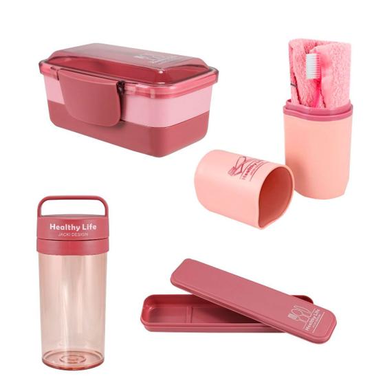 Kit com Marmita, Copo, porta Talheres e Porta Escova de Dente Concept Rosa Menor preço em Kit com Marmita, Copo, porta Talheres e Porta Escova de Dente Concept Rosa