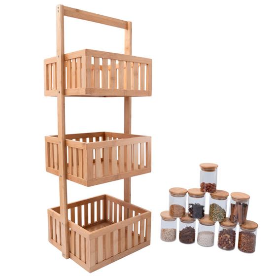 Imagem de Kit com organizador multiuso ripado 3 andares e 10 potes de vidro com tampa de bambu 250ml- Oikos