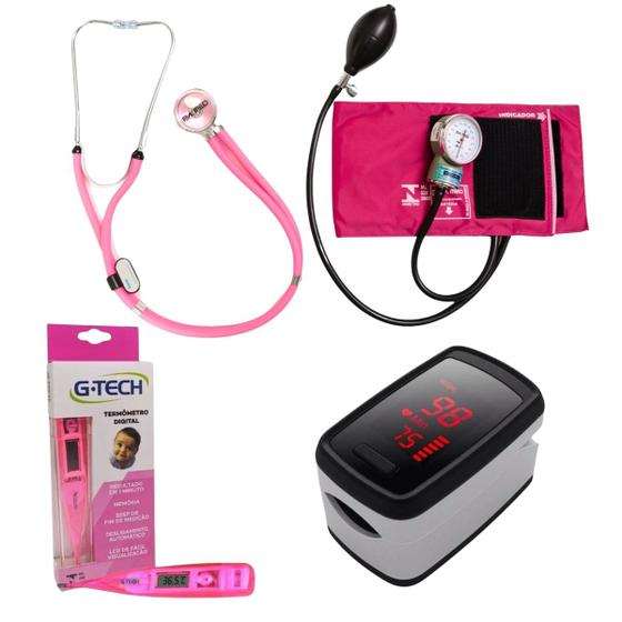 Imagem de kit com Oxímetro esfigmomanômetro esteto duplo e termômetro Pink p.a med