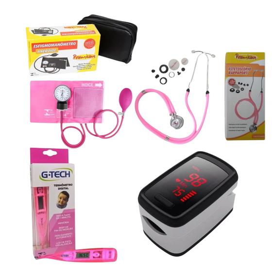 Imagem de kit com Oxímetro esfigmomanômetro esteto duplo e termômetro Rosa