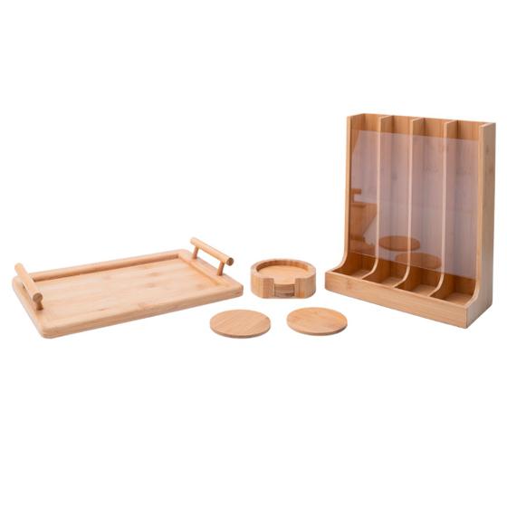Imagem de Kit com porta cápsulas, bandeja retangular com alças e jogo de porta copos de bambu - Oikos