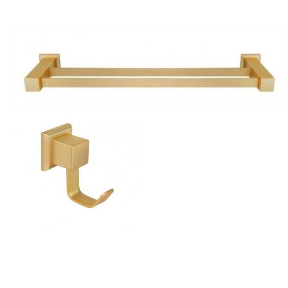 Imagem de Kit com Porta Toalha de Banho Duplo 62cm e 01 Cabide Ouro Fosco Ducon Metais