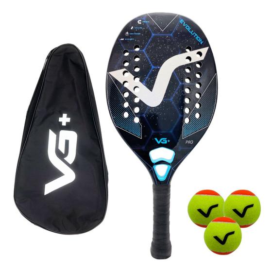 Imagem de Kit com Raquete de Beach Tennis Evolution Kevlar Carbon com 3 Bolas e 1 Bolsa de Transporte VG Plus