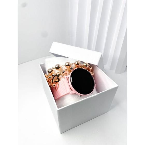 Kit com relógio rosa modelo digital redondo de led e pulseira feminina Menor preço em Kit com relógio rosa modelo digital redondo de led e pulseira feminina