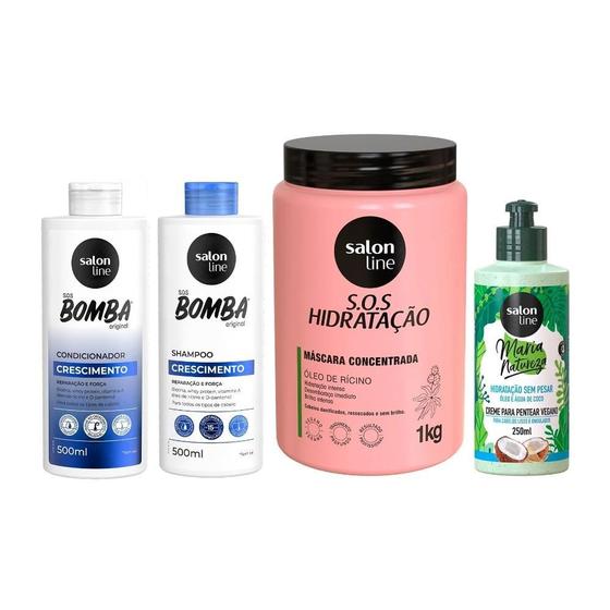 Imagem de Kit com Shampoo e Condicionador SOS Bomba + Creme para Pentear Maria Natureza + Máscara SOS Hidratação Salon Line